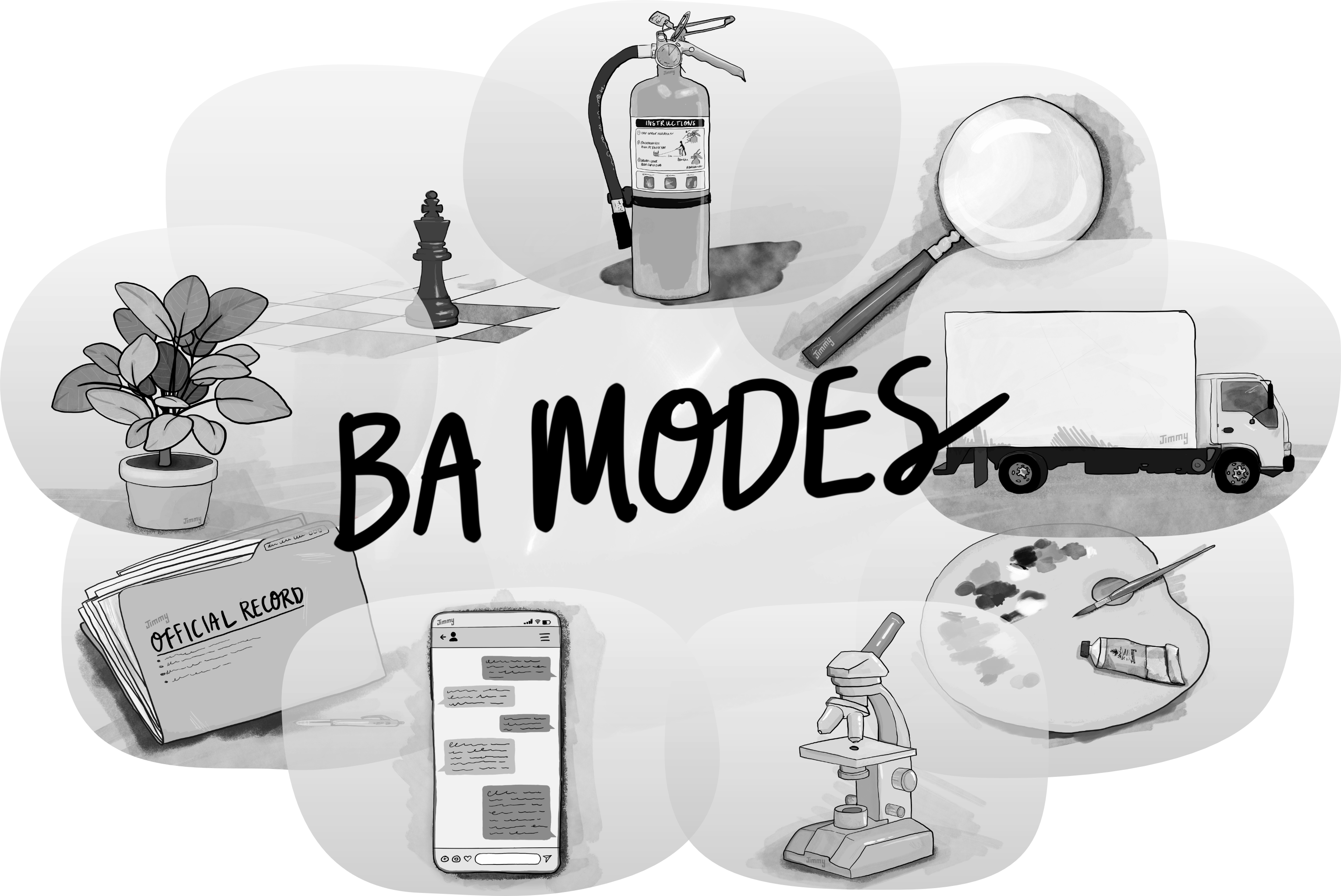 an illustration of lots of objects (including a fire extinguisher, a truck, a mobile phone, and potted plant). In the middle of the objects are the words: 'BA Modes'