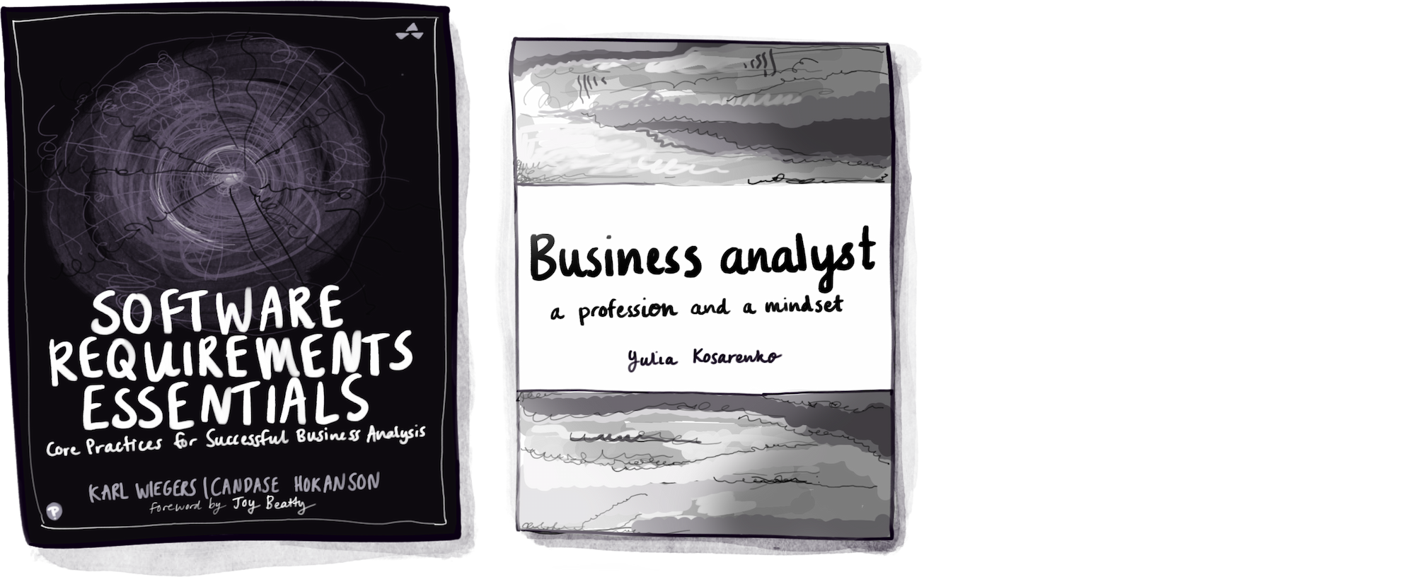 Business analysis books for the Jimmy book club list including Software
requirements essentials by Karl Wiegers and Candase Hokanson, and Business
Analyst: A profession and a Mindset by Julia Kosarenko.