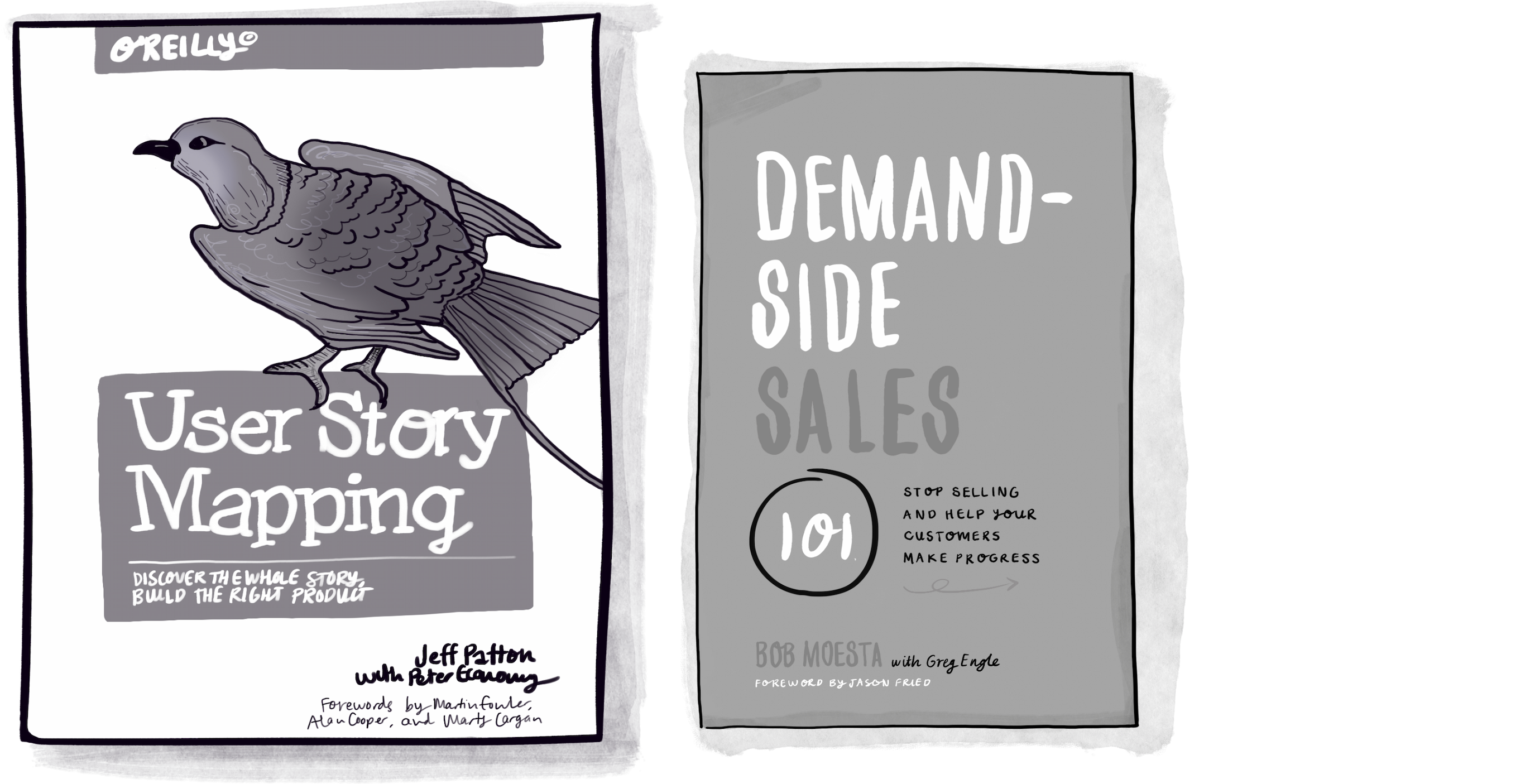 Product books for the Jimmy book list including User story mapping by Jeff Patton, and 
Demand side sales by Bob Moesta