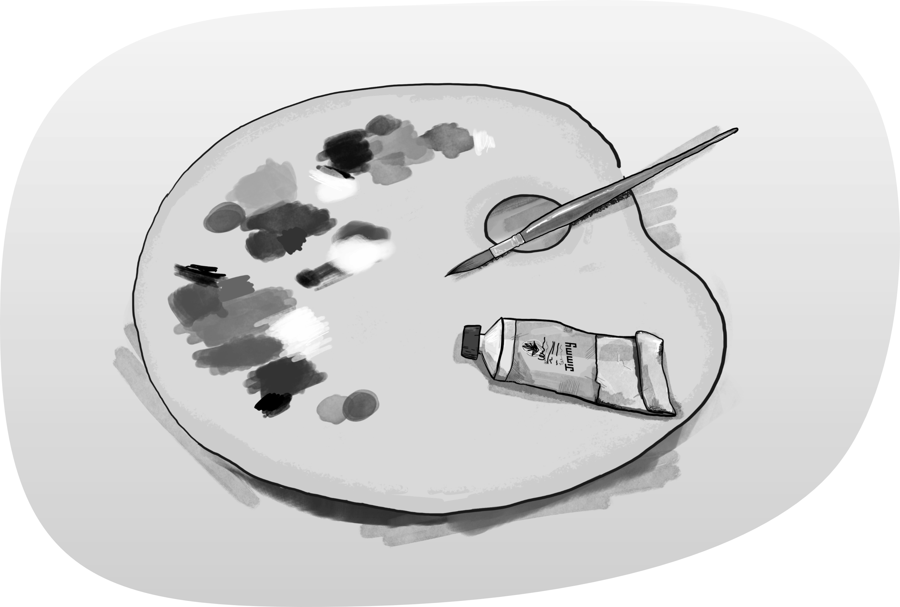 Illustration of a painting palette with a paintbrush and a tube of paint.