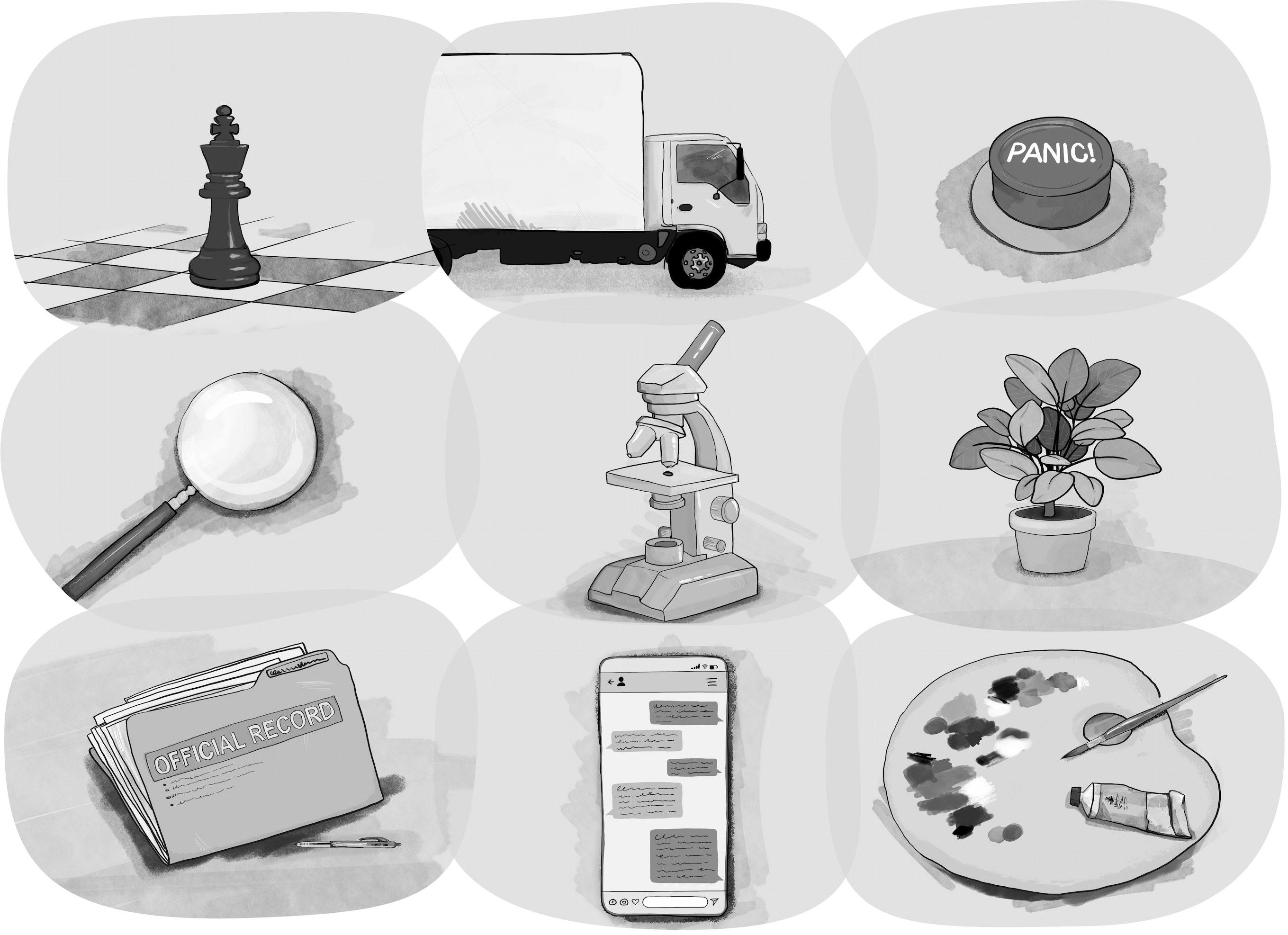 Illustration of 9 items in a grid. In the first row there is a chess piece, a delivery truck, and a panic button. In the second row there is a magnifying glass, a microscope, and a pot plant. In the third row there is a folder, a phone, and a artist's palette.