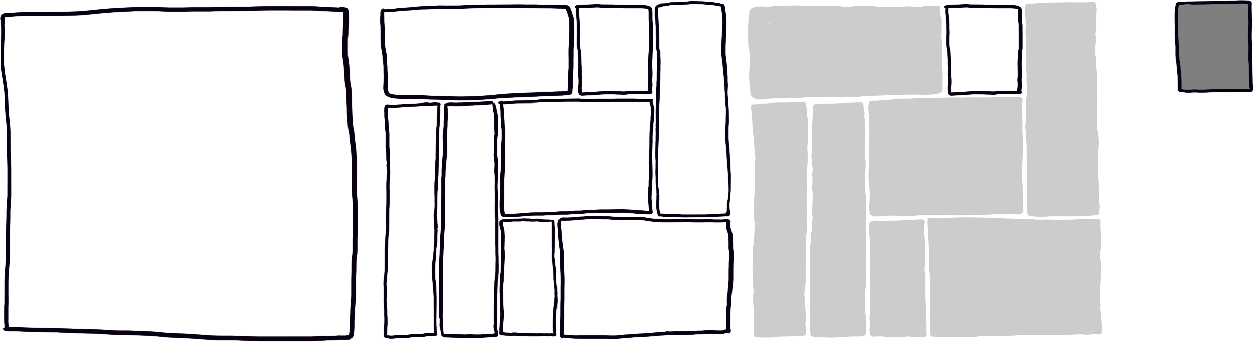 Four squares in a row. The first just has an outline (boundaries have been identified), the second is decomposed into smaller chunks (decomposition), the third has one chunk highlighted (prioritised), and the last has only the one chunk visible.