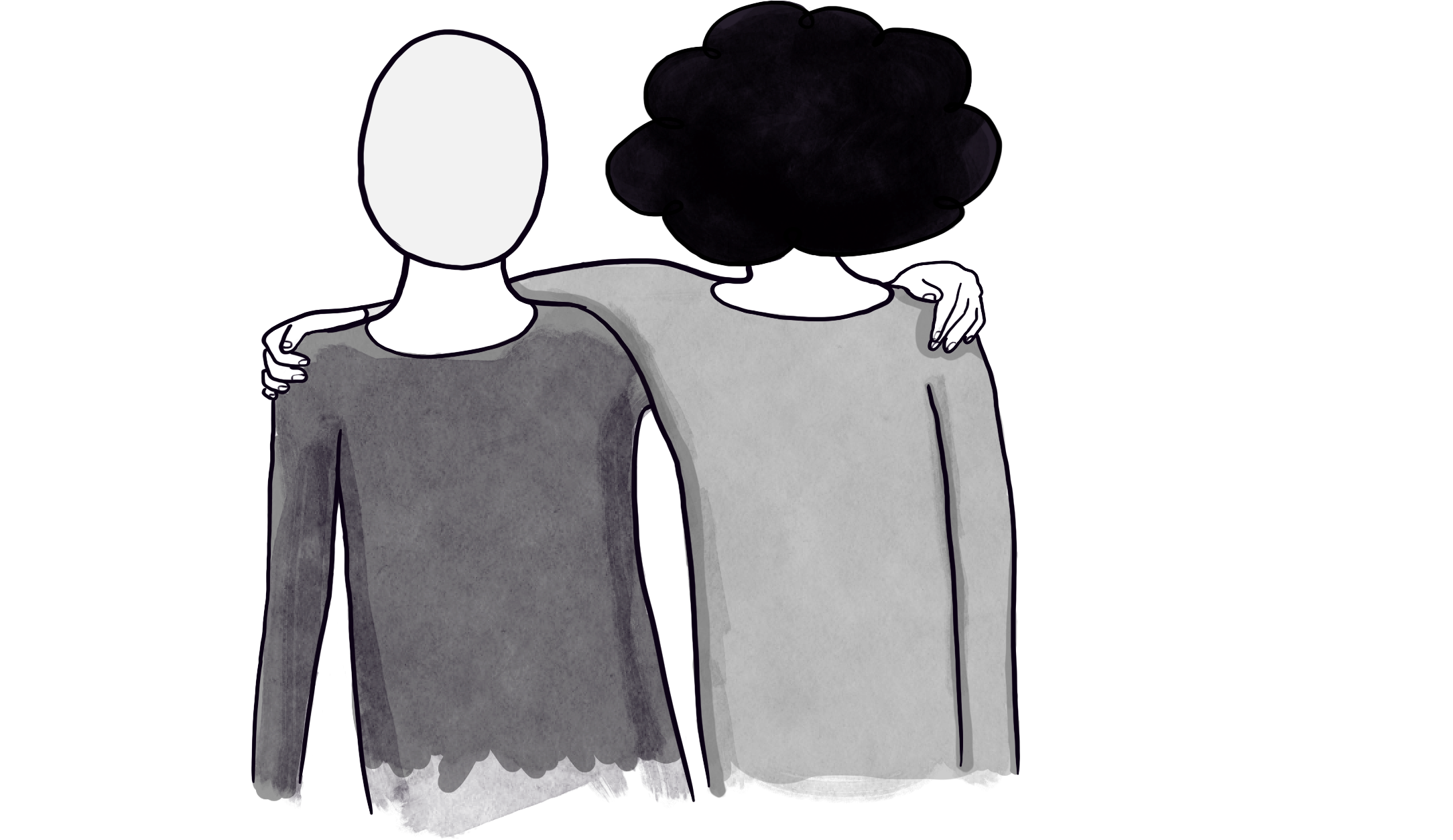 Two people with arms around each other - they are friends. One has a normal head and the other has a black cloud for a head.