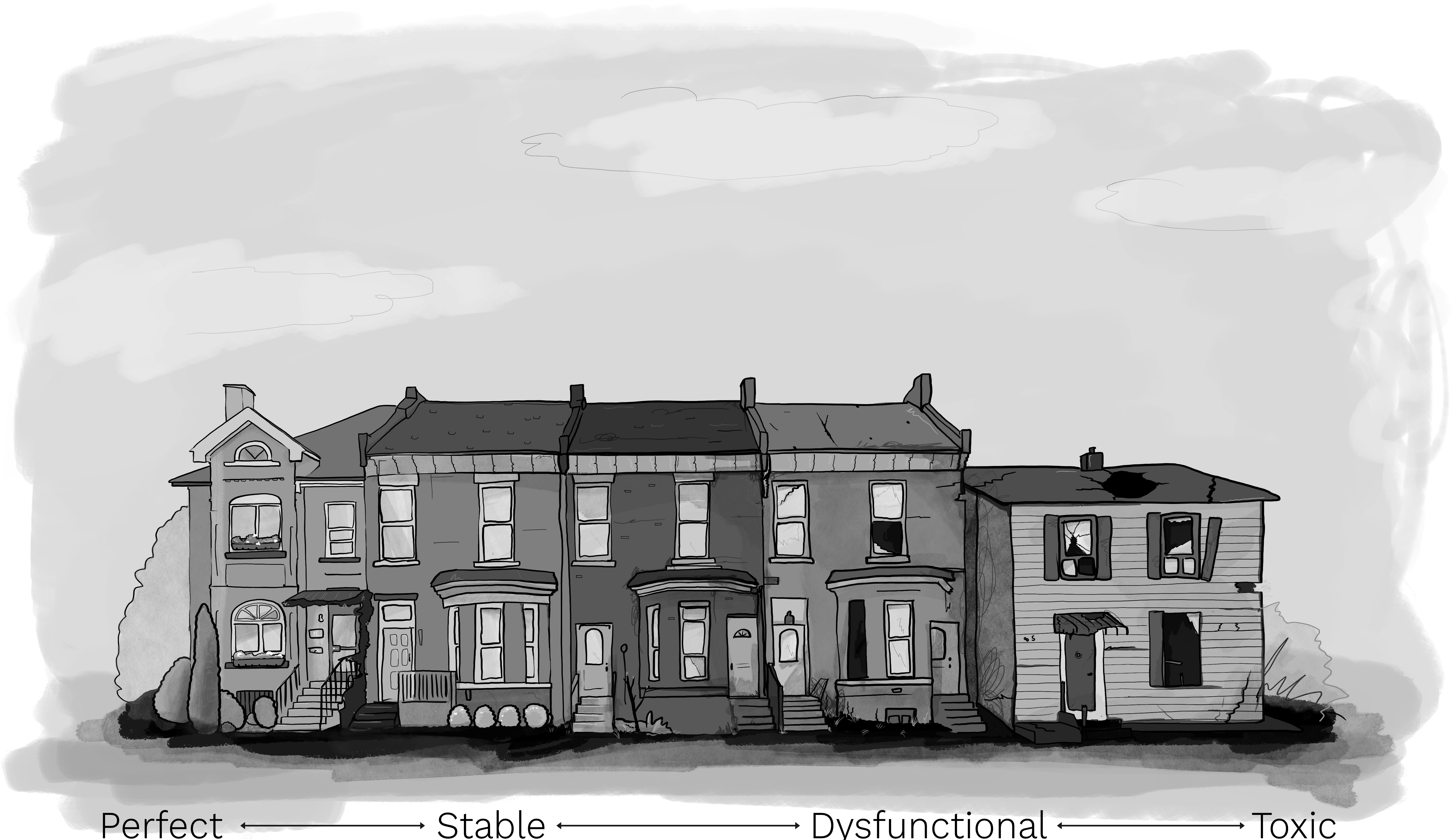 An illustration of a row of townhouses. The one on the left is nice and well maintained, but the houses get less and less maintained and the one at the end of the row is really run down.