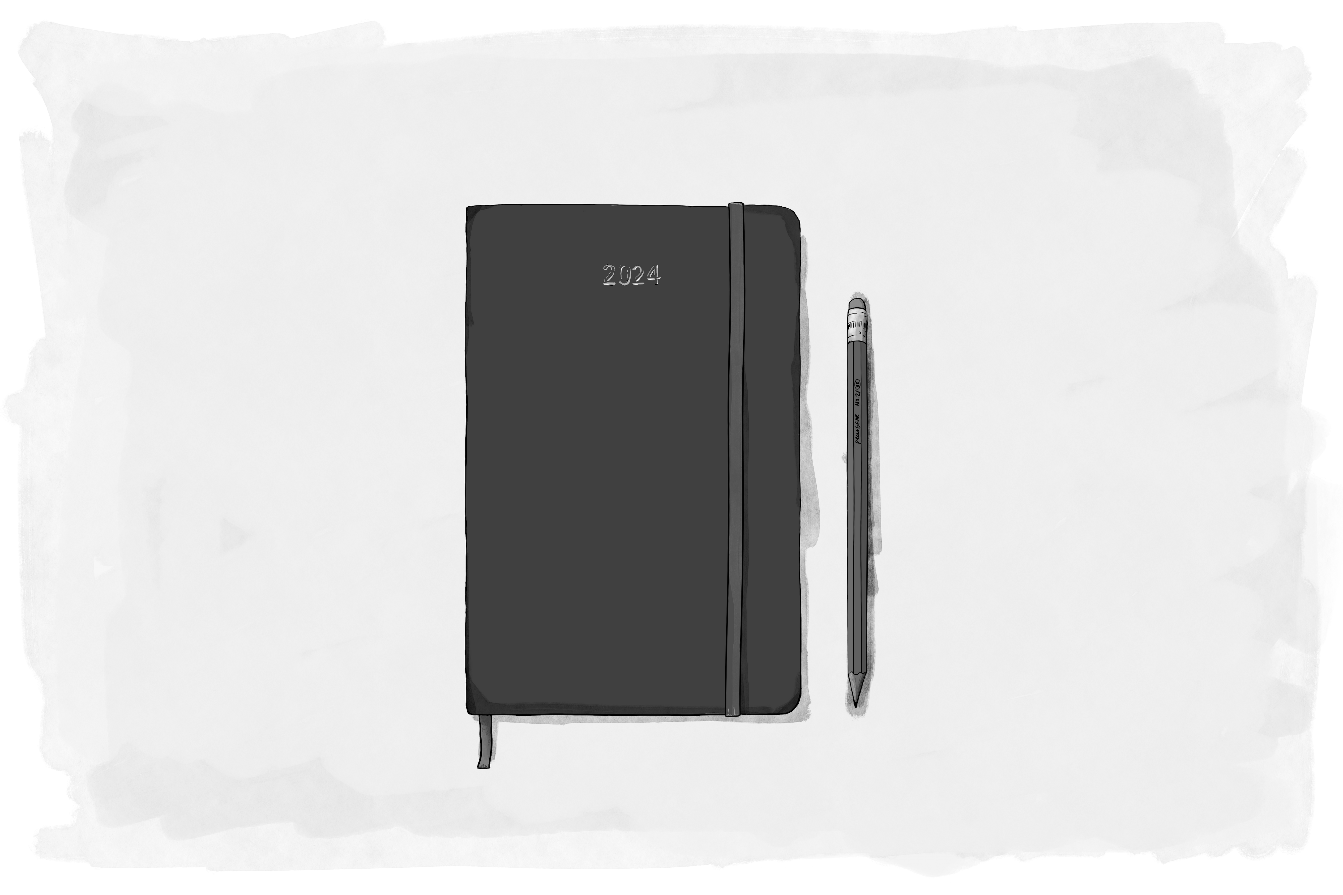 A minimalist black notebook with '2024' embossed on the cover, lying next to a sleek pen on a white background. The image has a soft, watercolor-like texture around the edges.