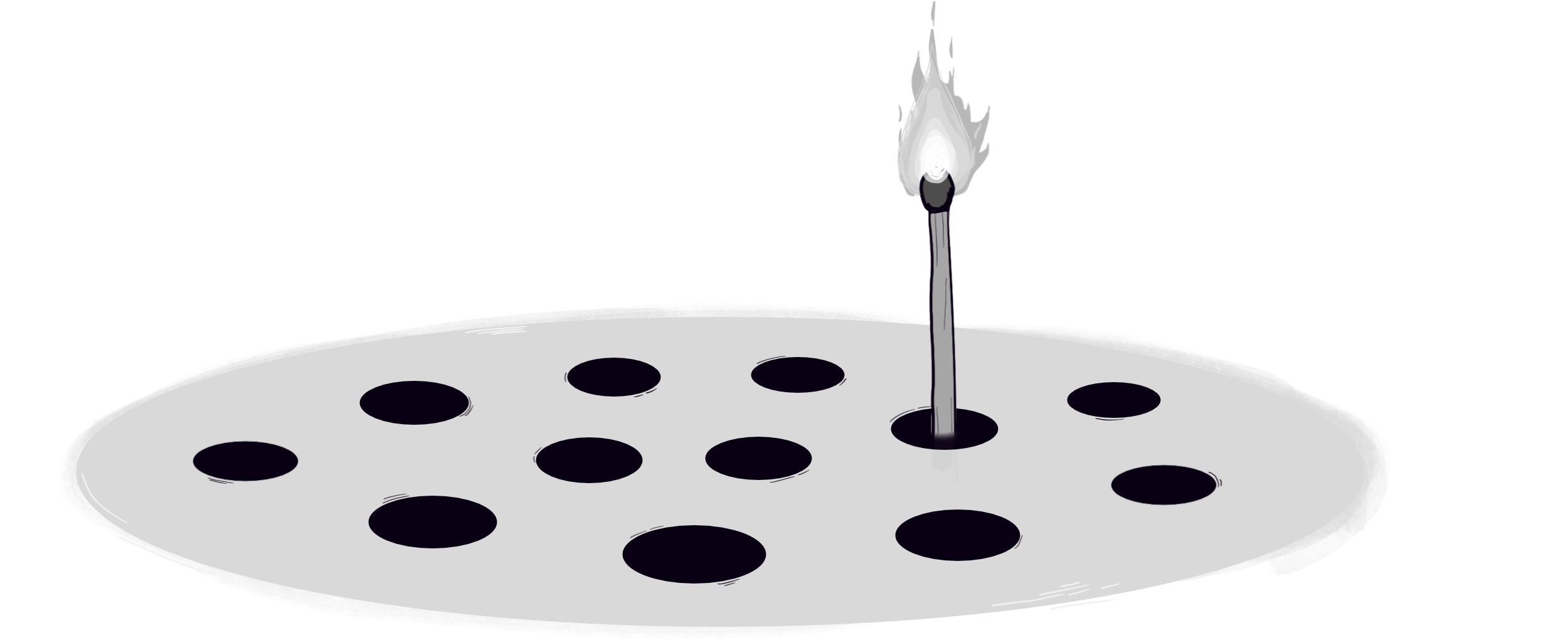 A wack-a-mole-surface with a lit match coming up from one hole